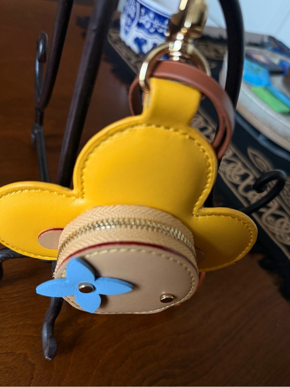 Yellow Flower Keychain Bag Charm Coin Purse with Blue Accent - Picture 2 of 2